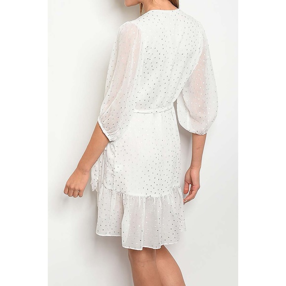 White Silver Dots Ruffle Hem Wrap Dress - Picture 2 of 9